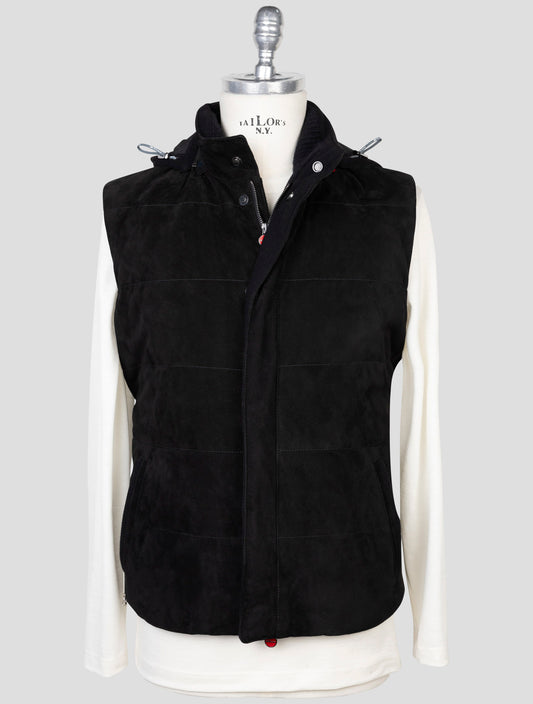 kiton Black Leather Suede Gilet