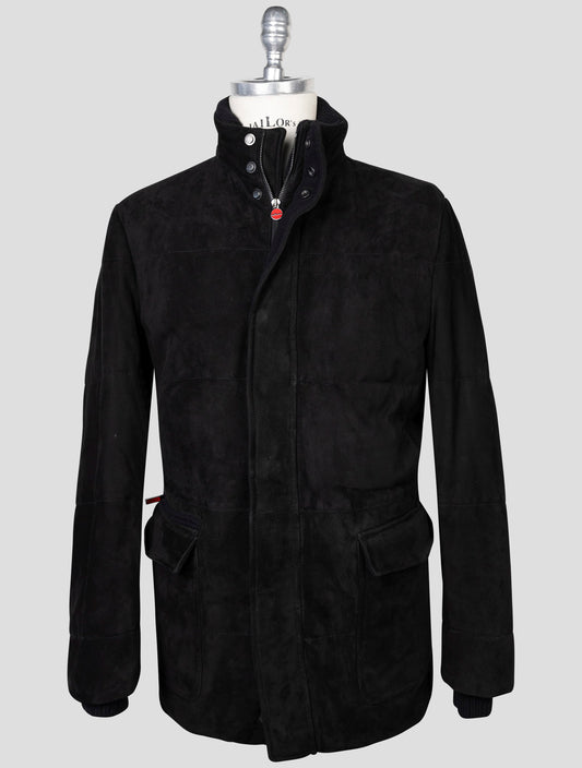 kiton Black Leather Suede Coat