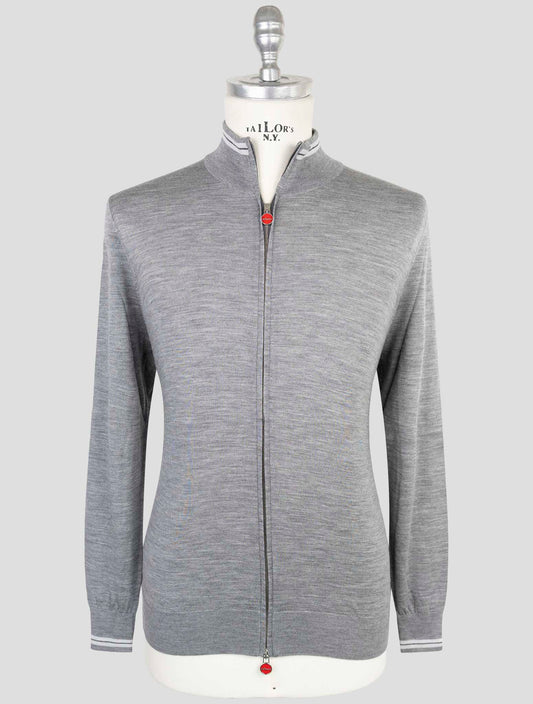 Kiton Gray Wool 14 Micron Diamante Blu Sweater Full Zip