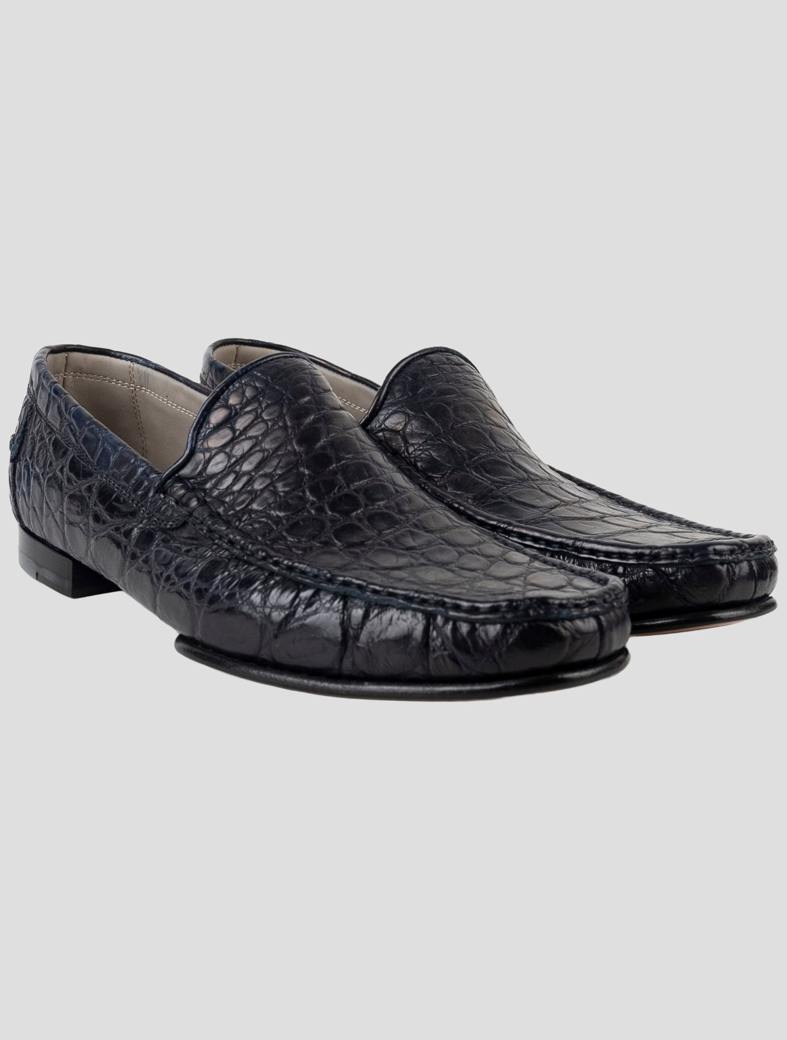 Kiton Blue Leather Crocodile Loafers