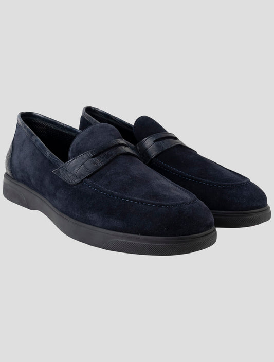 Kiton Blue Leather Crocodile Leather Suede Loafers