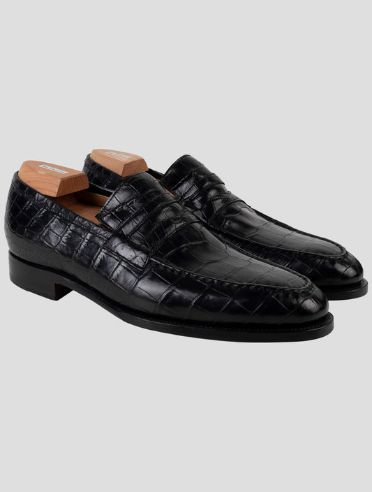Kiton Black Leather Crocodile Loafers