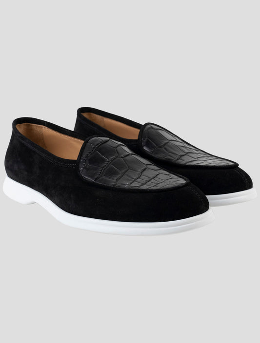 Kiton Black Leather Crocodile Leather Suede Loafers