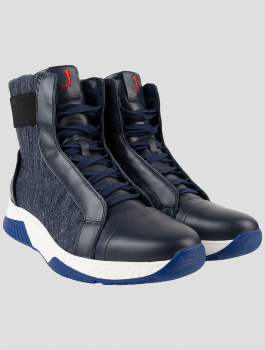 Kiton Knt Blue Leather Cashmere Silk Linen Pa Boots