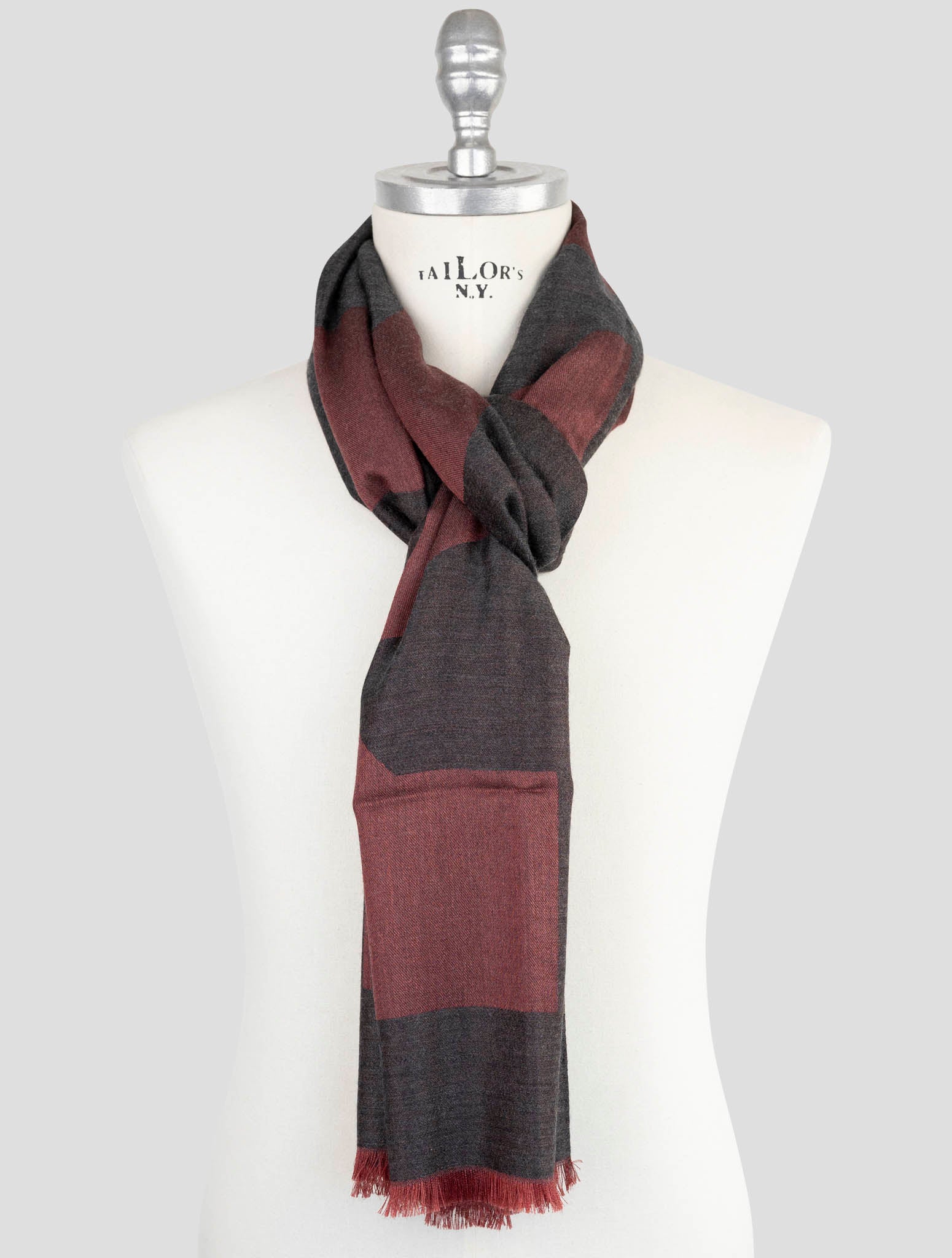 Kiton Burgundy Gray Cashmere Silk Scarf