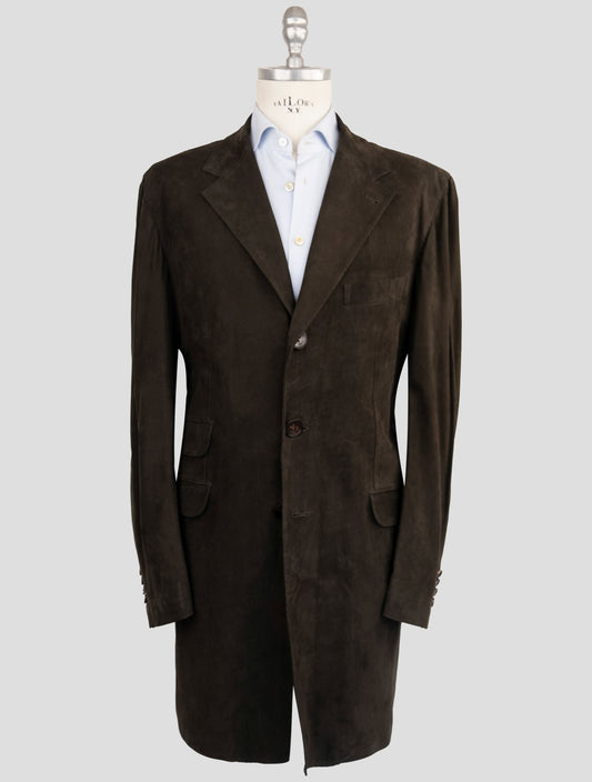 Kiton Brown Leather Suede Overcoat