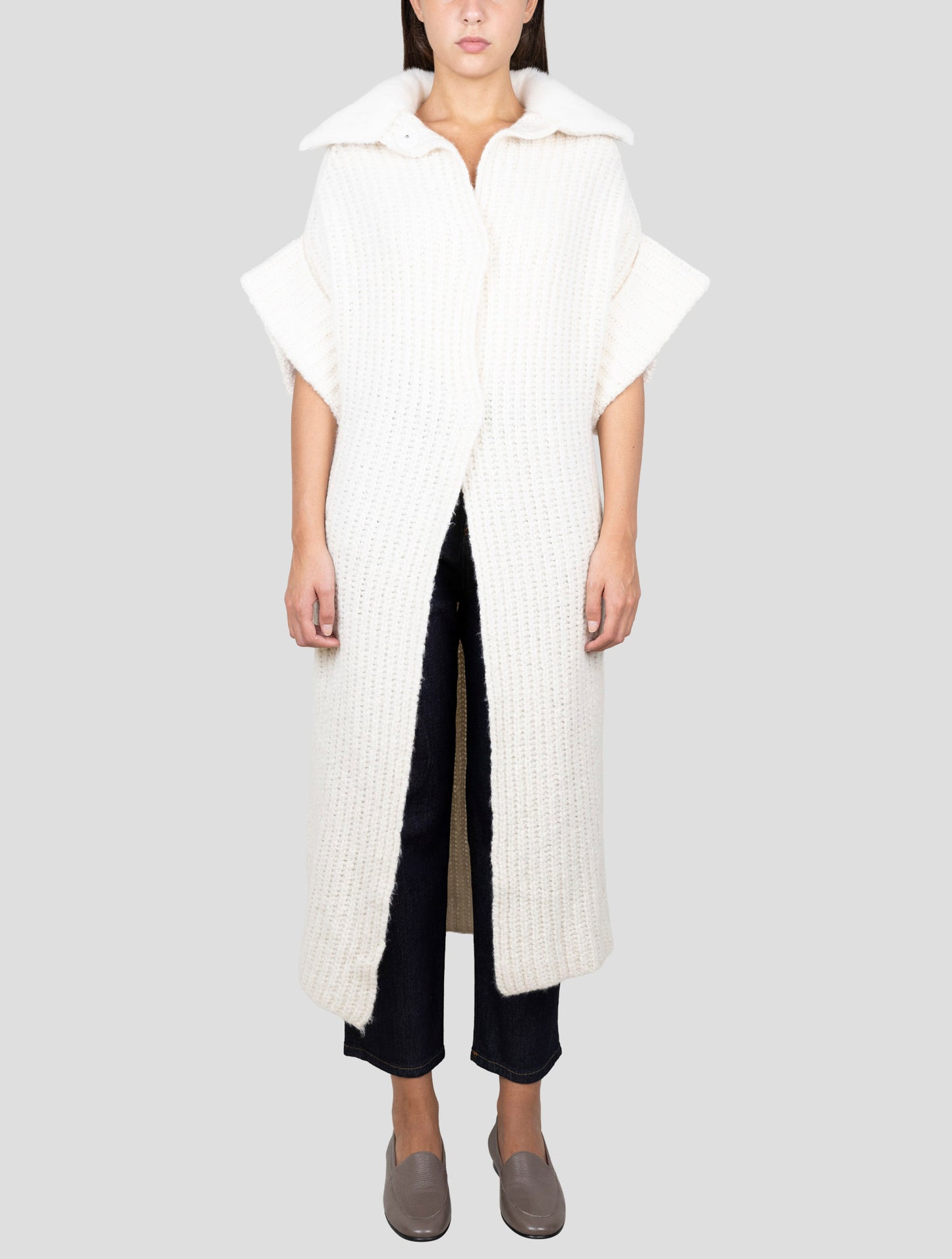 Kiton White Cashmere Silk Mink Fur Overcoat
