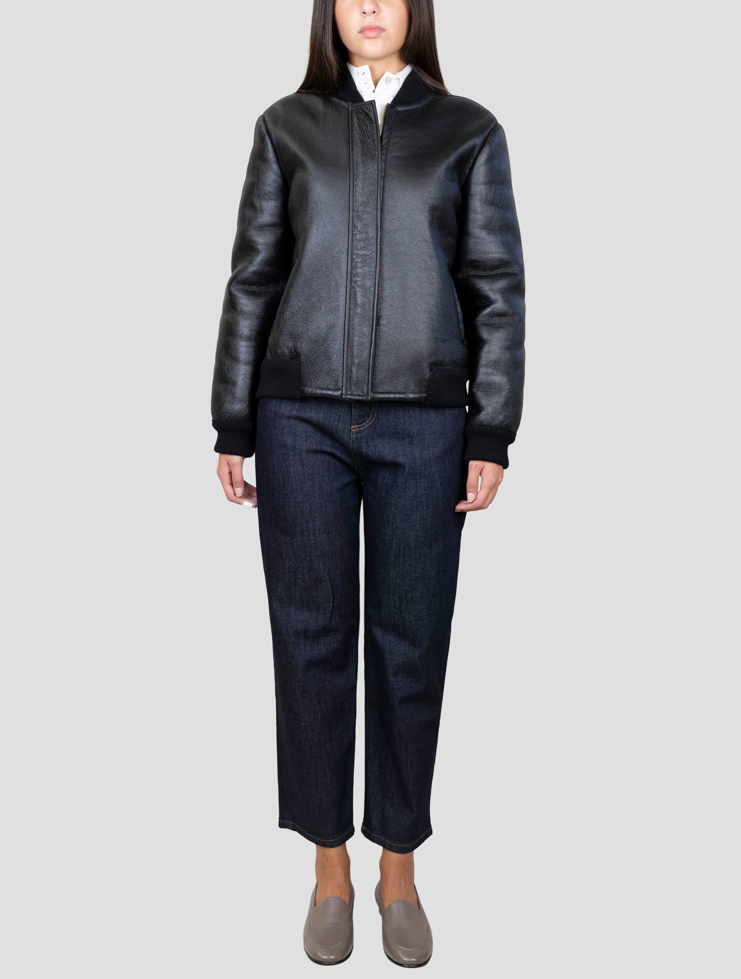 Kiton Black Leather Shearling Coat