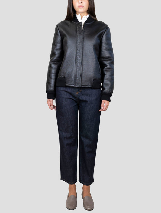Kiton Black Leather Shearling Coat
