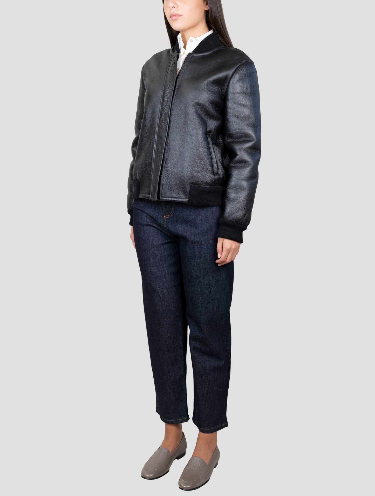 Kiton Black Leather Shearling Coat