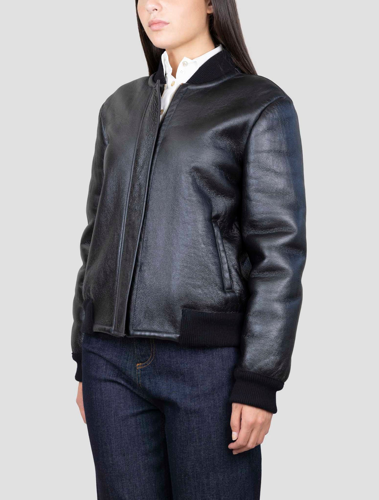 Kiton Black Leather Shearling Coat