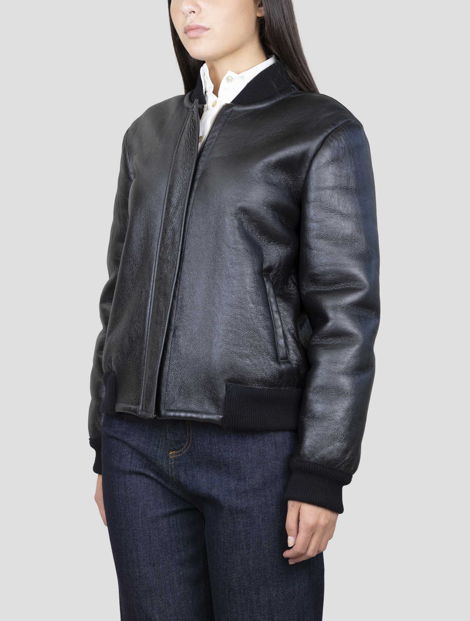 Kiton Black Leather Shearling Coat