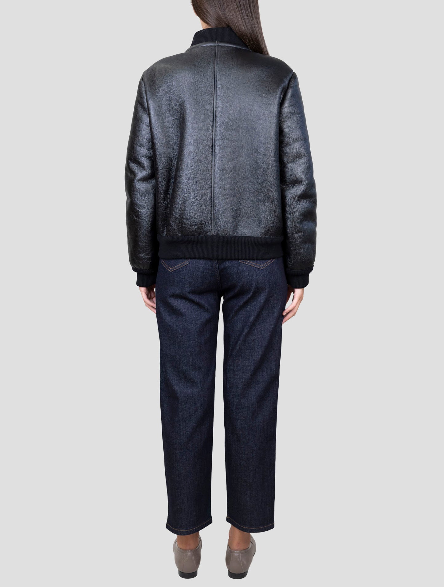 Kiton Black Leather Shearling Coat