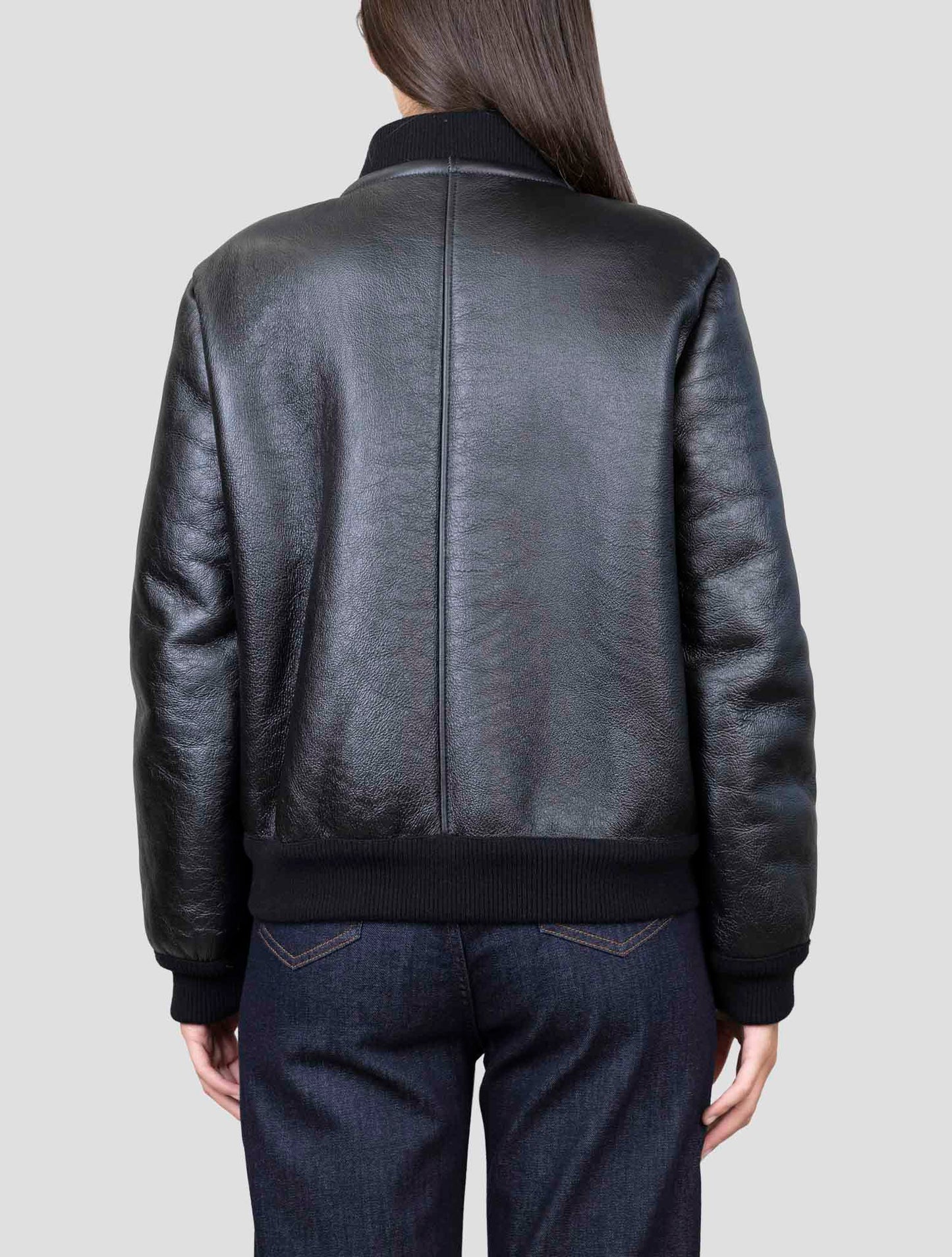 Kiton Black Leather Shearling Coat
