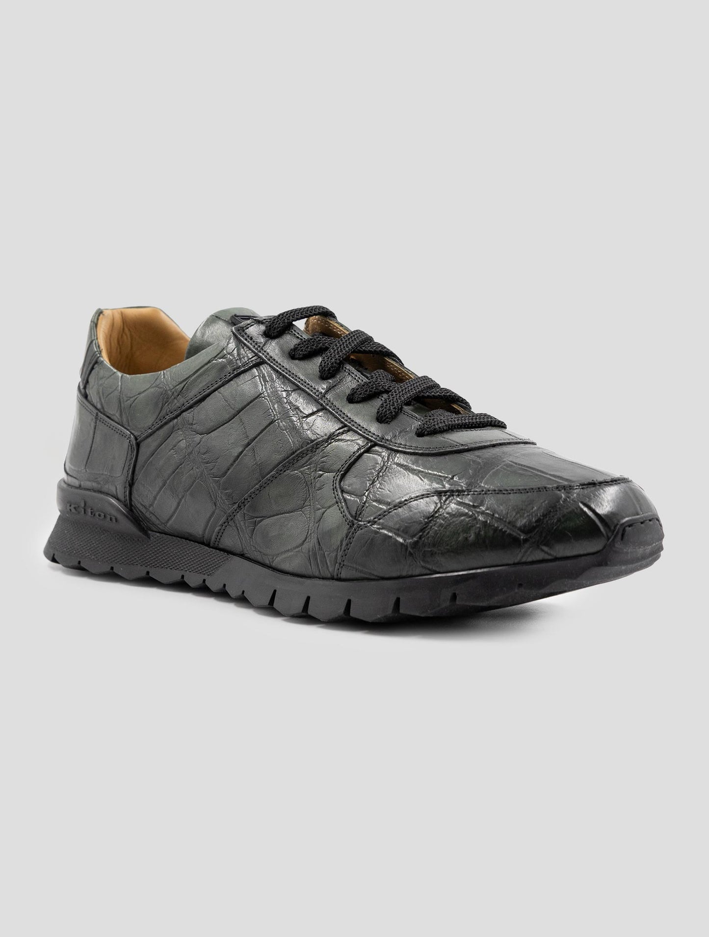 Kiton Green Leather Crocodile With Fur Sneakers