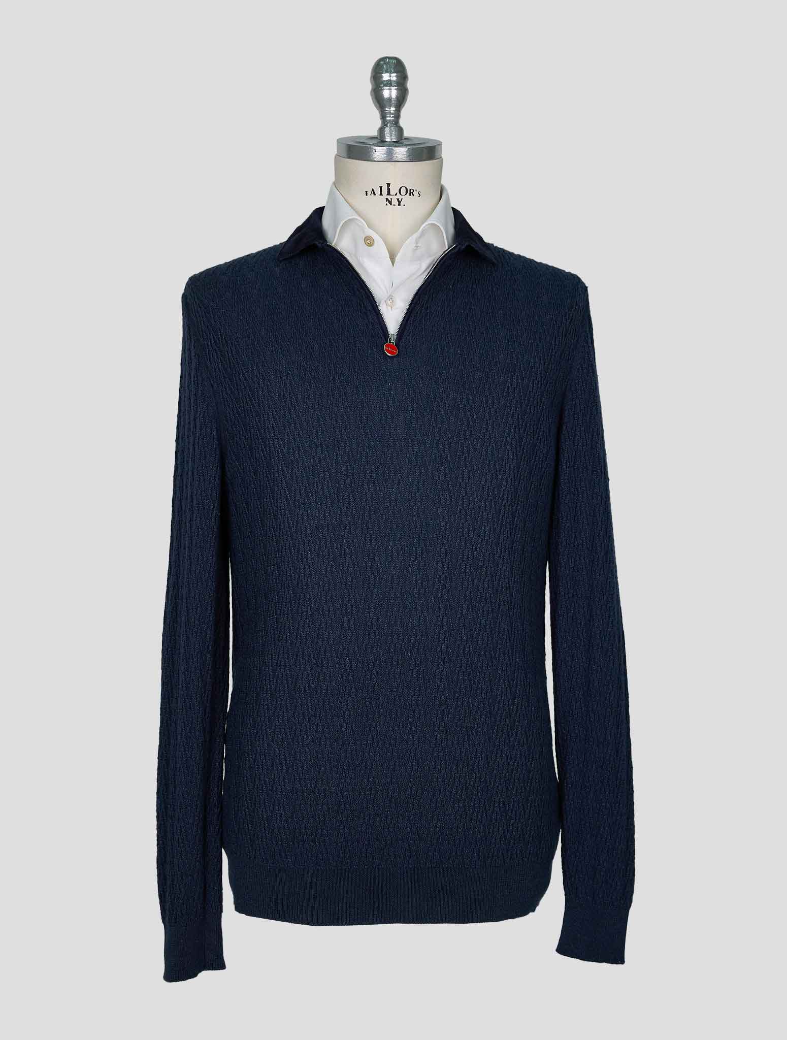 Kiton Blue Linen Cashmere Sweater Half Zip