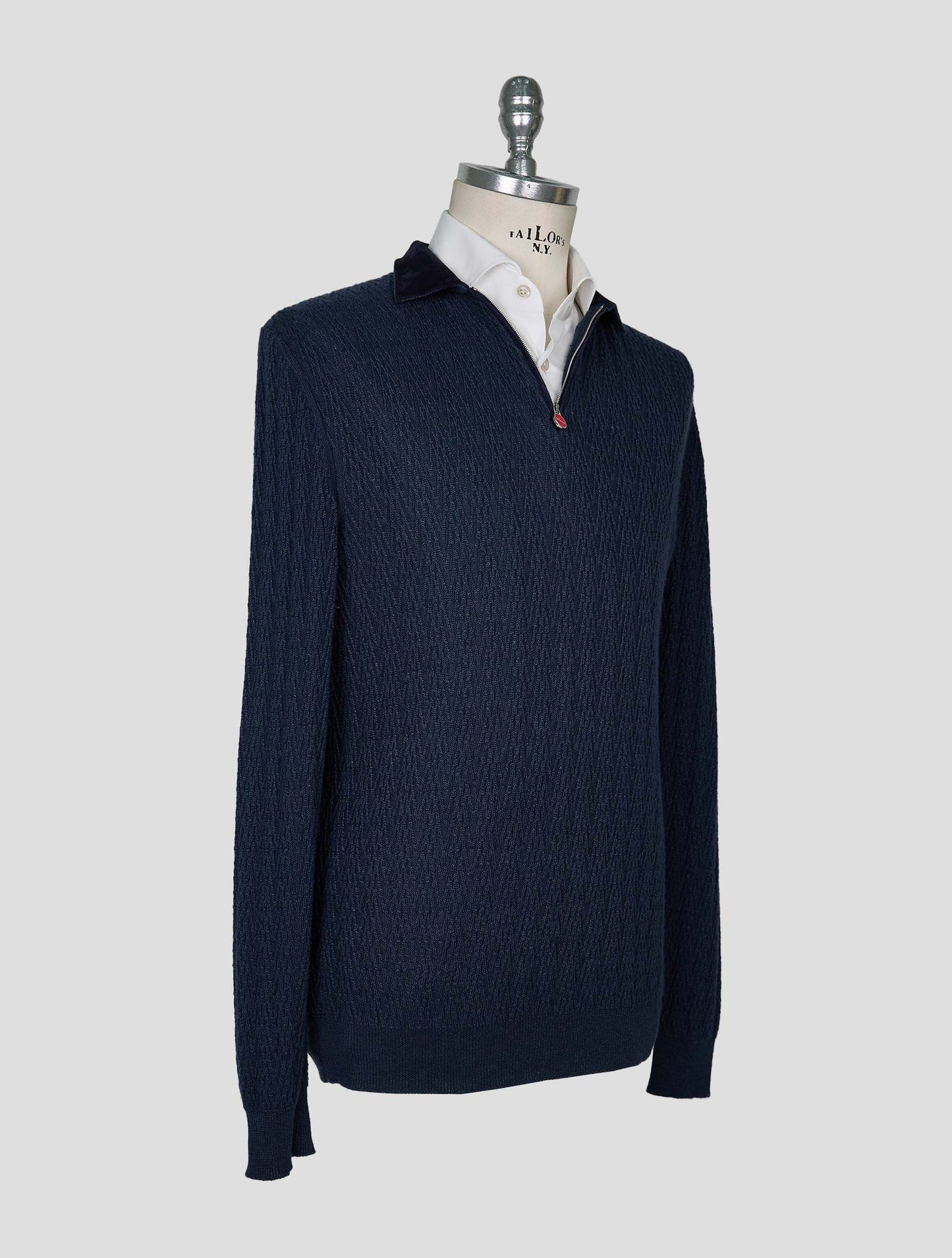 Kiton Blue Linen Cashmere Sweater Half Zip