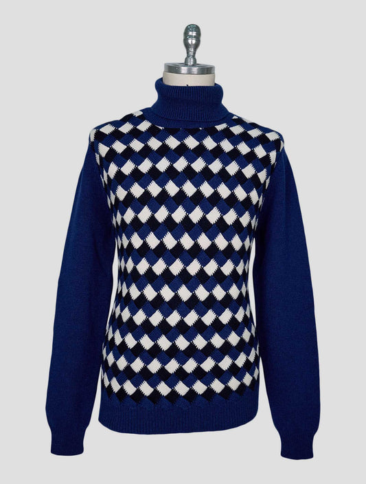 Kiton Blue White Cashmere Sweater Turtleneck
