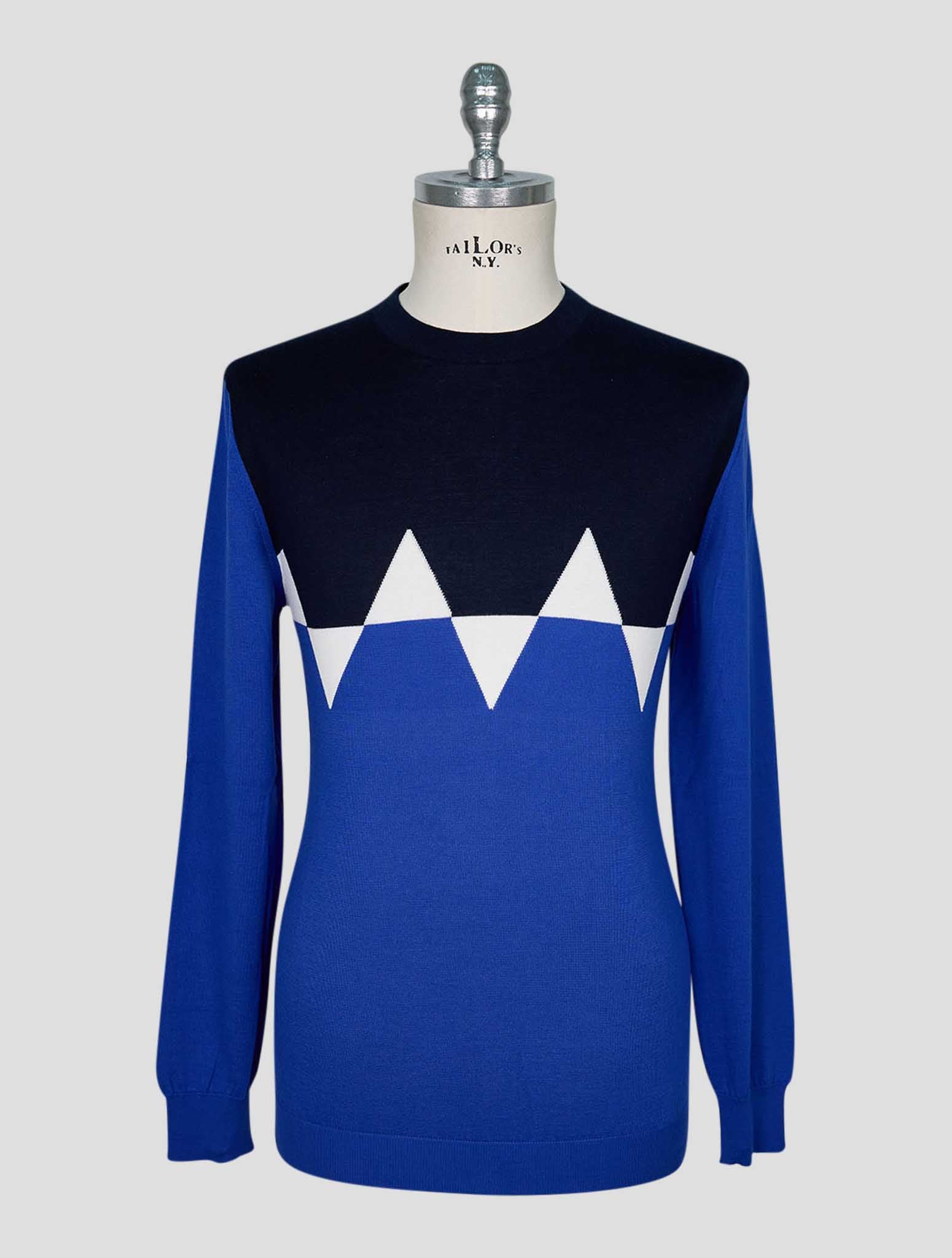 Kiton Blue White Cotton Sweater Crewneck