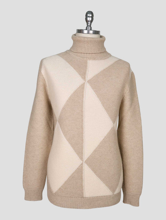 Kiton Beige White Cashmere Sweater Turtleneck