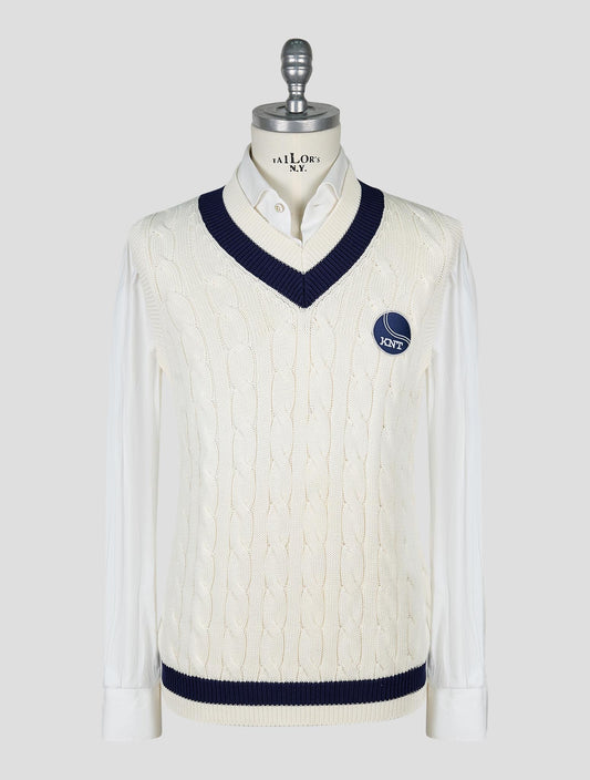 Kiton Knt White Blue Cotton Sweater V-Neck