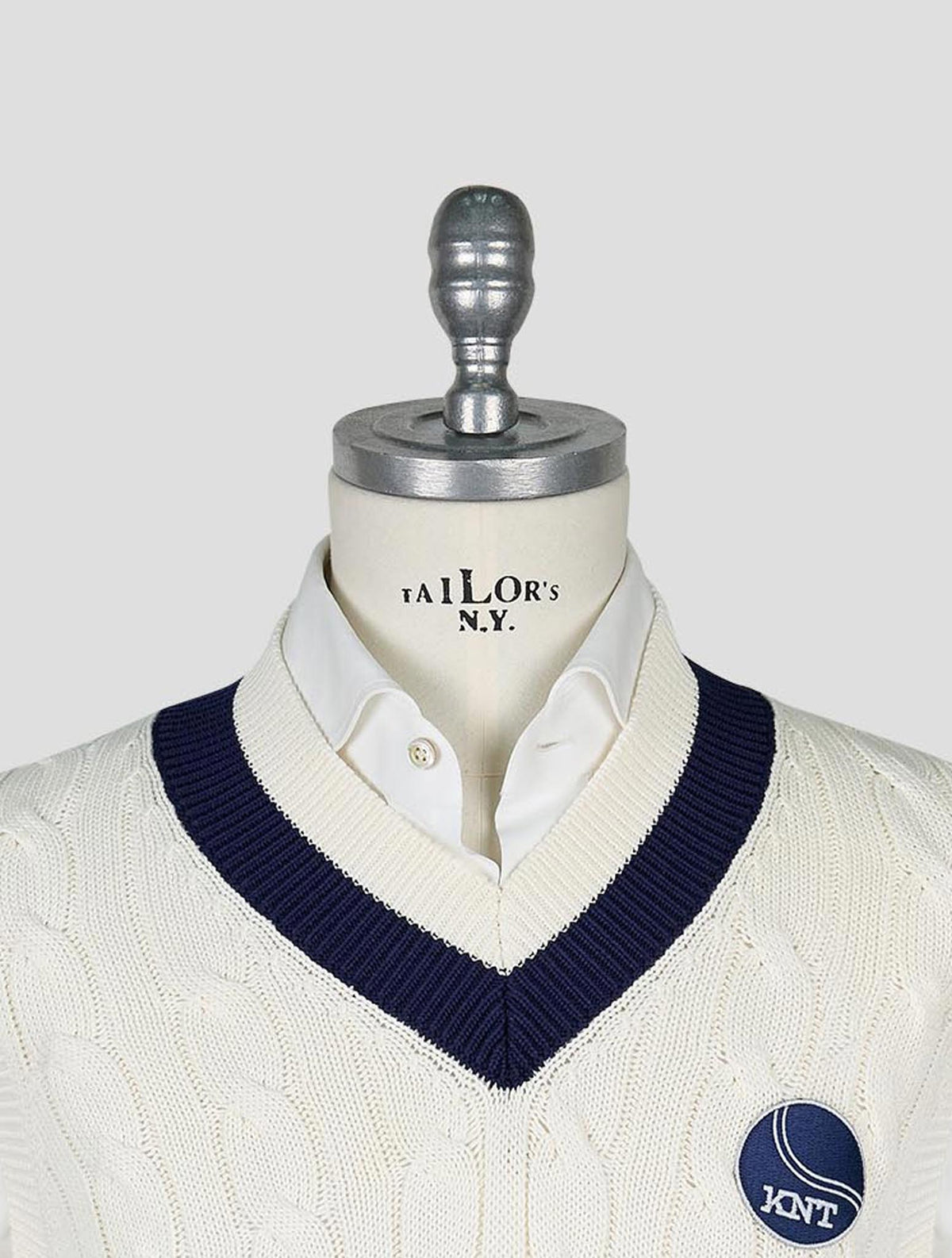 Kiton Knt White Blue Cotton Sweater V-Neck
